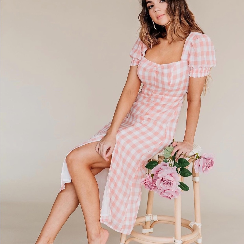Pink gingham midi dress